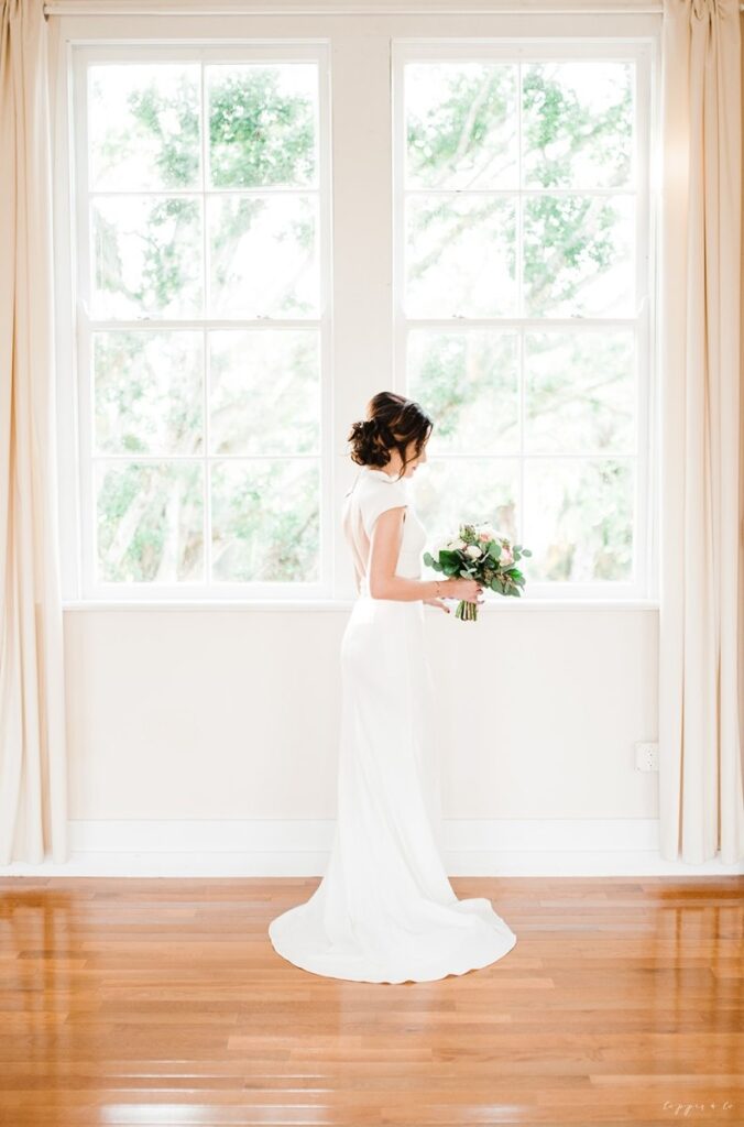 bride looking out window