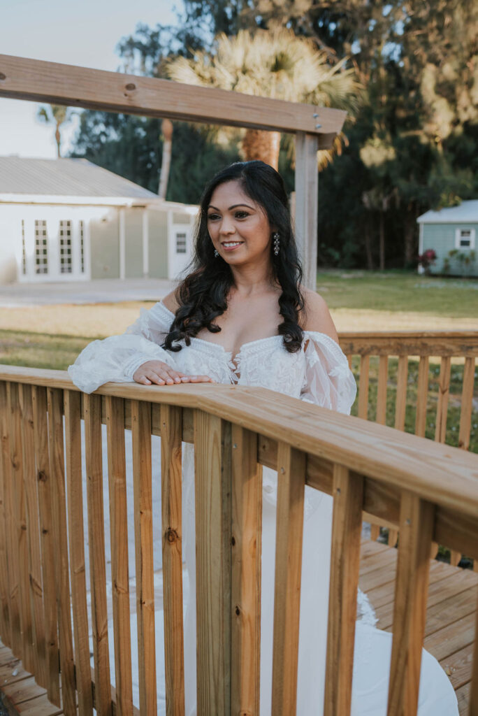bride on wooden bridge