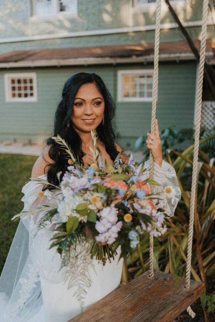 bridal portrait with rope swing