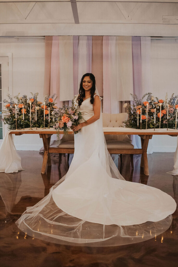 bride with train and veil laid out behind her