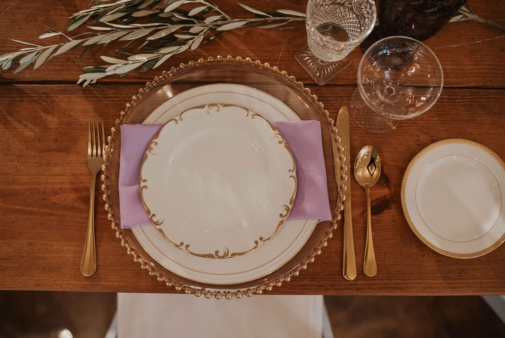 mismatched gold and crystal wedding place setting